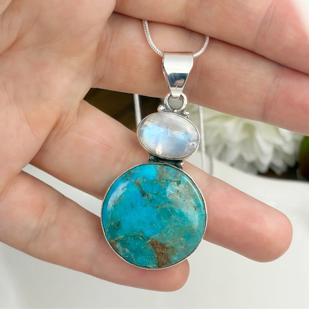 Rainbow Moonstone Turquoise Pendant Sterling Silver 925 Southwest Style - Picture 4 of 9